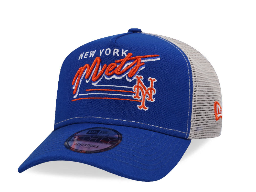 New Era New York Mets Vintage Script Blue Trucker Edition 9Forty A Frame Snapback Cap