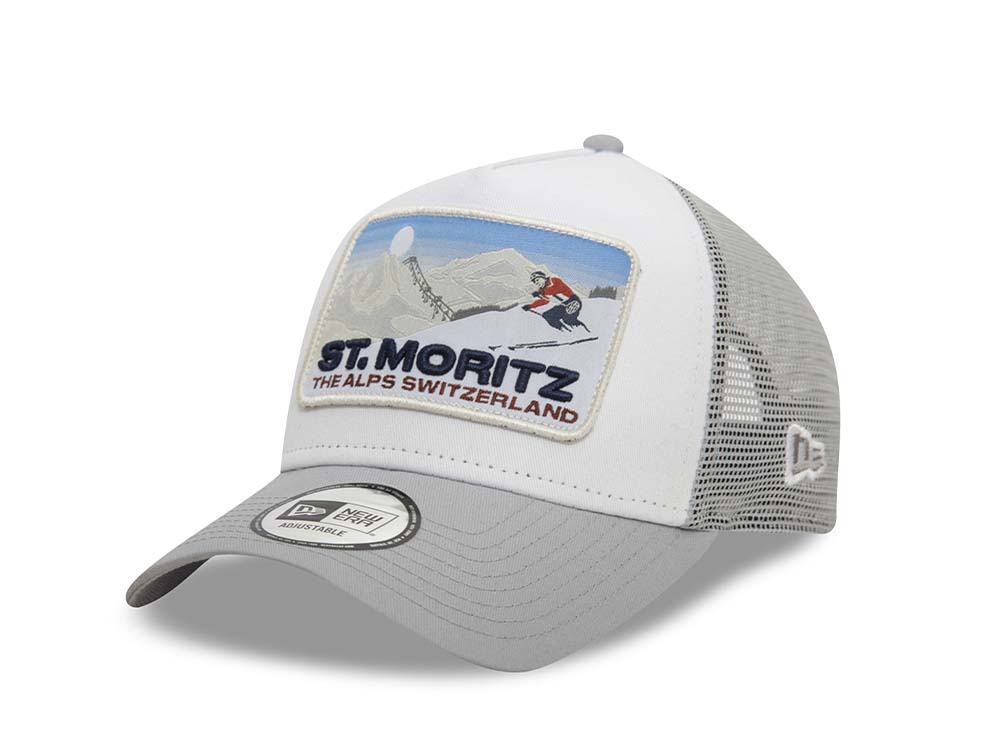 New Era Ski Patch St. Mortiz Edition White 9Forty A Frame Trucker Snapback Cap