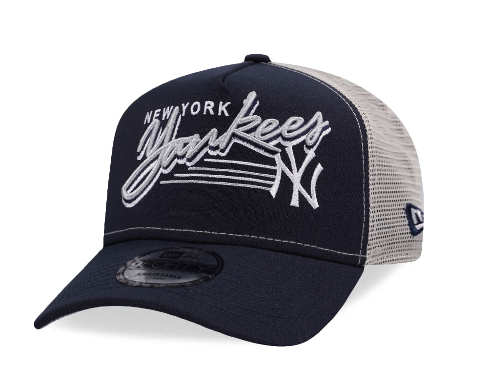 New Era New York Yankees Vintage Script Navy Trucker Edition 9Forty A Frame Snapback Cap