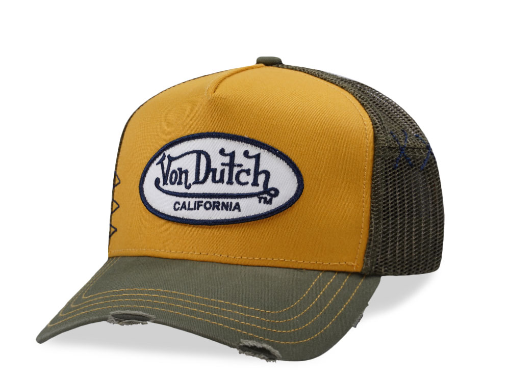 Von Dutch Distressed Oval Patch Yellow Trucker Snapback Cap