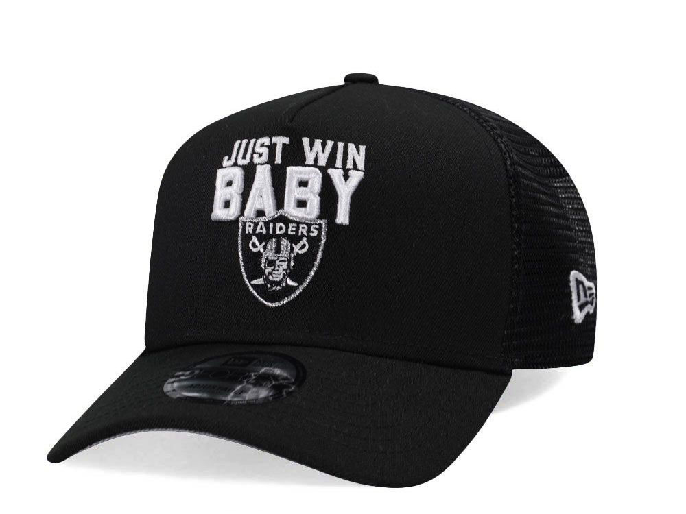 New Era Las Vegas Raiders Just Win Baby Black Trucker Edition 9Forty A Frame Snapback Cap